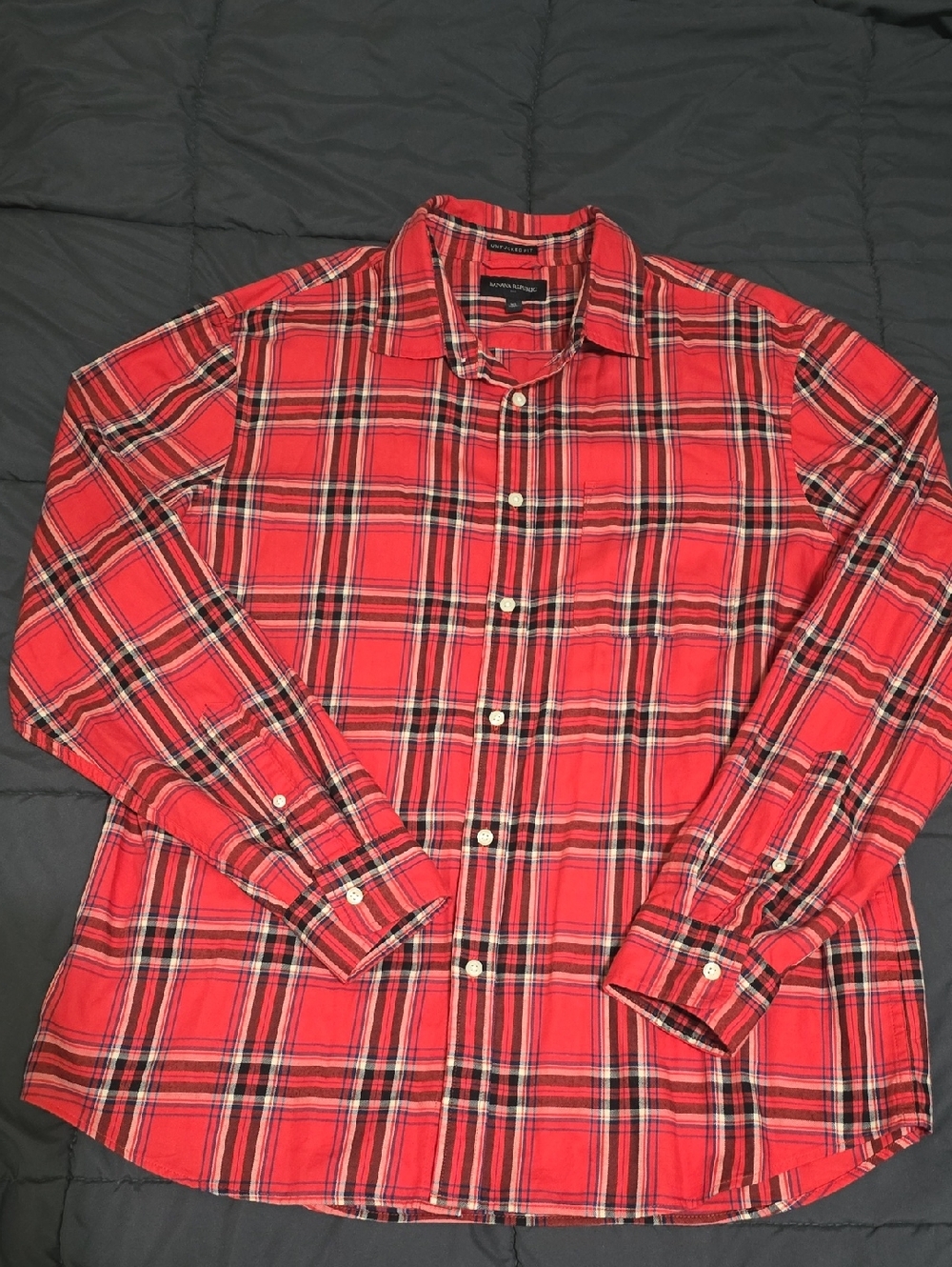 Banana Republic Mens Reddish Orange Black Plaid Untucked Fit Shirt XL